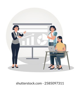 Business Presentation. Three women working together in an office setting, engaging in collaborative efforts on a business project with presentations and data analysis contributing. 