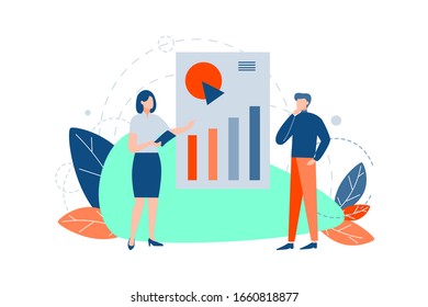 Business presentation, training, analysis, plan concept. Businesswoman leads training, showing charts, graphs. Clerk demonstrates presentation company profit growth to man boss, manager. Business team