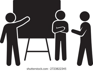 Vetor de ícone de treinamento ou apresentação comercial. Silhueta de uma equipe discutindo em um quadro branco de cavalete. Símbolo de workshop, seminário e reunião estratégica.