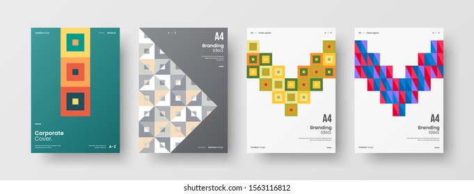 Business presentation vector A4 vertical orientation front page mock up set. Corporate report cover abstract geometric illustration design layout bundle. Company identity brochure template collection.