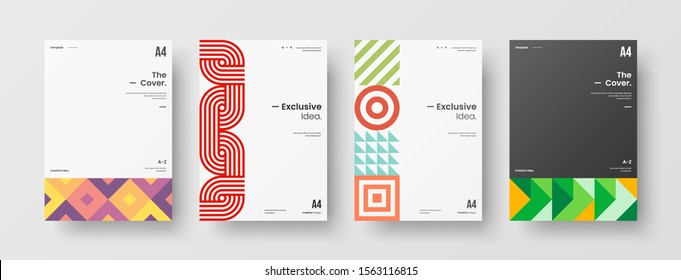 Business presentation vector A4 vertical orientation front page mock up set. Corporate report cover abstract geometric illustration design layout bundle. Company identity brochure template collection.