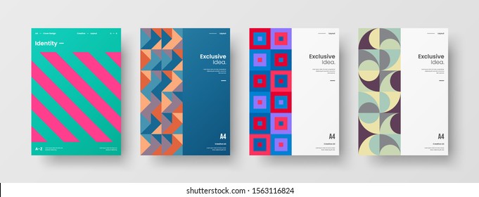Business presentation vector A4 vertical orientation front page mock up set. Corporate report cover abstract geometric illustration design layout bundle. Company identity brochure template collection.