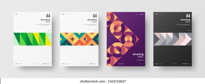 Business presentation vector A4 vertical orientation front page mock up set. Corporate report cover abstract geometric illustration design layout bundle. Company identity brochure template collection.