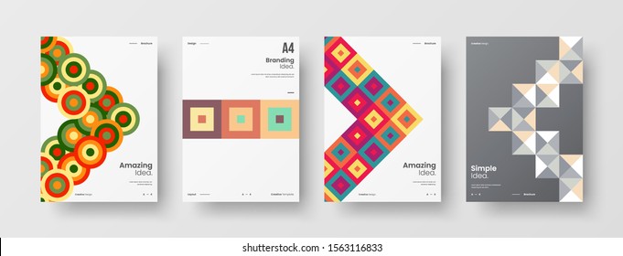 Business presentation vector A4 vertical orientation front page mock up set. Corporate report cover abstract geometric illustration design layout bundle. Company identity brochure template collection.