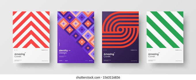 Business presentation vector A4 vertical orientation front page mock up set. Corporate report cover abstract geometric illustration design layout bundle. Company identity brochure template collection.