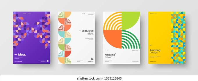 Business presentation vector A4 vertical orientation front page mock up set. Corporate report cover abstract geometric illustration design layout bundle. Company identity brochure template collection.