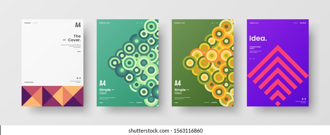 Business presentation vector A4 vertical orientation front page mock up set. Corporate report cover abstract geometric illustration design layout bundle. Company identity brochure template collection.