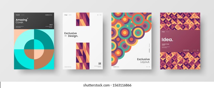 Business presentation vector A4 vertical orientation front page mock up set. Corporate report cover abstract geometric illustration design layout bundle. Company identity brochure template collection.