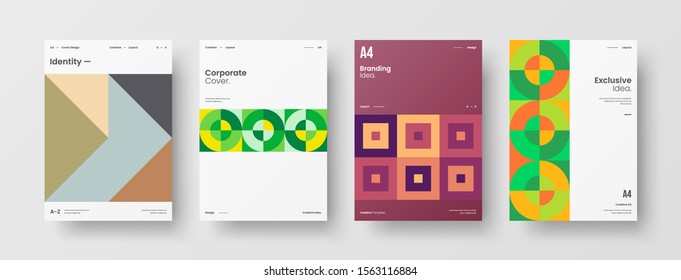 Business presentation vector A4 vertical orientation front page mock up set. Corporate report cover abstract geometric illustration design layout bundle. Company identity brochure template collection.