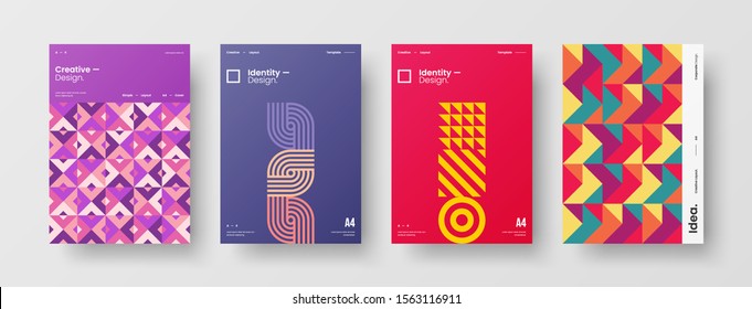 Business presentation vector A4 vertical orientation front page mock up set. Corporate report cover abstract geometric illustration design layout bundle. Company identity brochure template collection.