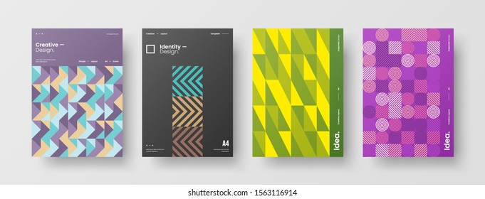 Business presentation vector A4 vertical orientation front page mock up set. Corporate report cover abstract geometric illustration design layout bundle. Company identity brochure template collection.