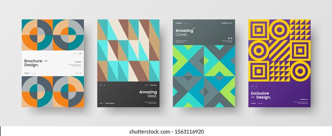 Business presentation vector A4 vertical orientation front page mock up set. Corporate report cover abstract geometric illustration design layout bundle. Company identity brochure template collection.