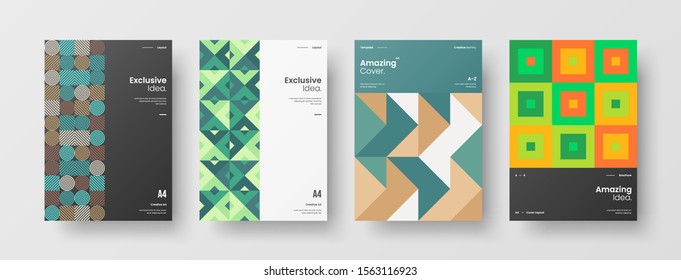 Business presentation vector A4 vertical orientation front page mock up set. Corporate report cover abstract geometric illustration design layout bundle. Company identity brochure template collection.