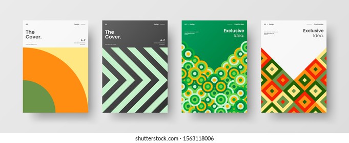 Business presentation vector A4 vertical orientation front page mock up set. Corporate report cover abstract geometric illustration design layout bundle. Company identity brochure template collection.