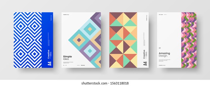 Business presentation vector A4 vertical orientation front page mock up set. Corporate report cover abstract geometric illustration design layout bundle. Company identity brochure template collection.