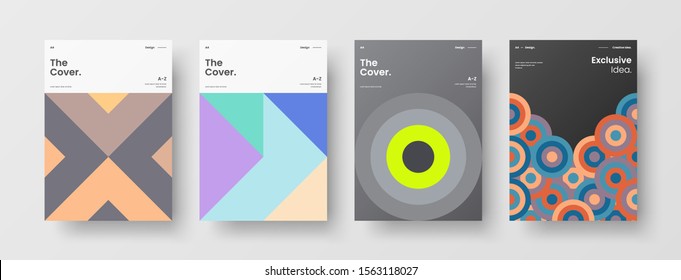 Business presentation vector A4 vertical orientation front page mock up set. Corporate report cover abstract geometric illustration design layout bundle. Company identity brochure template collection.