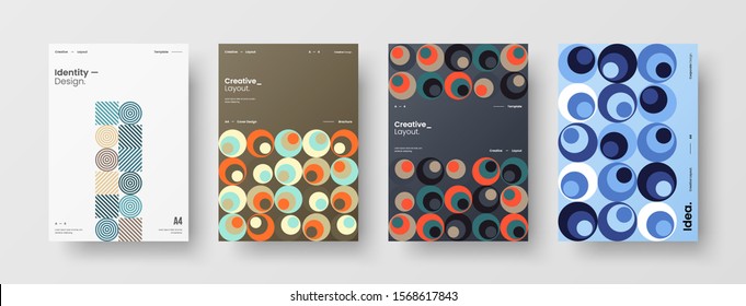 Business presentation vector A4 vertical orientation front page mock up set. Corporate report cover abstract geometric illustration design layout bundle. Company identity brochure template collection.