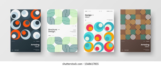 Business presentation vector A4 vertical orientation front page mock up set. Corporate report cover abstract geometric illustration design layout bundle. Company identity brochure template collection.