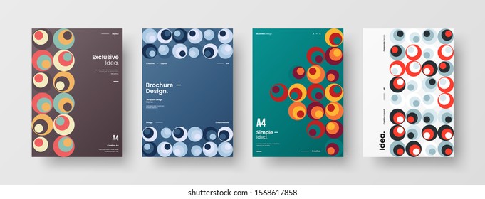 Business presentation vector A4 vertical orientation front page mock up set. Corporate report cover abstract geometric illustration design layout bundle. Company identity brochure template collection.