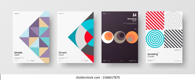 Business Presentation Vector A4 Vertical Orientation Front Page Mock Up Set. Corporate Report Cover Abstract Geometric Illustration Design Layout Bundle. Company Identity Brochure Template Collection.