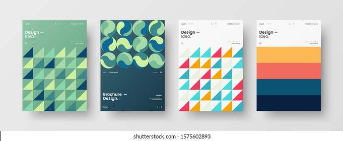 Business presentation vector A4 vertical orientation front page mock up set. Corporate report cover abstract geometric illustration design layout bundle. Company identity brochure template collection.