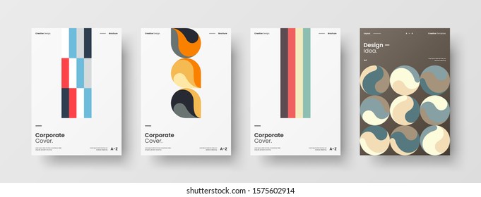 Business presentation vector A4 vertical orientation front page mock up set. Corporate report cover abstract geometric illustration design layout bundle. Company identity brochure template collection.