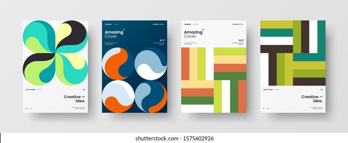 Business presentation vector A4 vertical orientation front page mock up set. Corporate report cover abstract geometric illustration design layout bundle. Company identity brochure template collection.