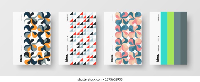 Business presentation vector A4 vertical orientation front page mock up set. Corporate report cover abstract geometric illustration design layout bundle. Company identity brochure template collection.