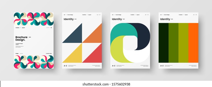 Business presentation vector A4 vertical orientation front page mock up set. Corporate report cover abstract geometric illustration design layout bundle. Company identity brochure template collection.