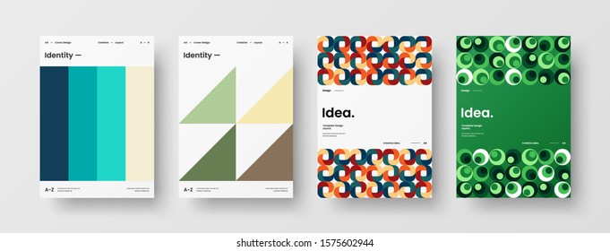 Business presentation vector A4 vertical orientation front page mock up set. Corporate report cover abstract geometric illustration design layout bundle. Company identity brochure template collection.