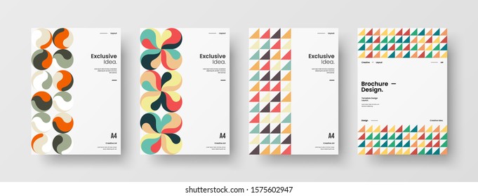 Business presentation vector A4 vertical orientation front page mock up set. Corporate report cover abstract geometric illustration design layout bundle. Company identity brochure template collection.