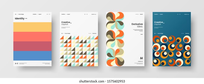 Business presentation vector A4 vertical orientation front page mock up set. Corporate report cover abstract geometric illustration design layout bundle. Company identity brochure template collection.