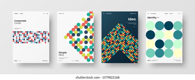 Business presentation vector A4 vertical orientation front page mock up set. Corporate report cover abstract geometric illustration design layout bundle. Company identity brochure template collection.