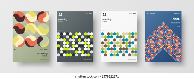 Business presentation vector A4 vertical orientation front page mock up set. Corporate report cover abstract geometric illustration design layout bundle. Company identity brochure template collection.