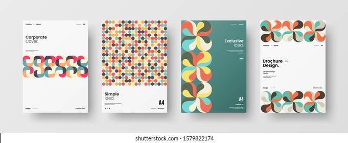 Business presentation vector A4 vertical orientation front page mock up set. Corporate report cover abstract geometric illustration design layout bundle. Company identity brochure template collection.