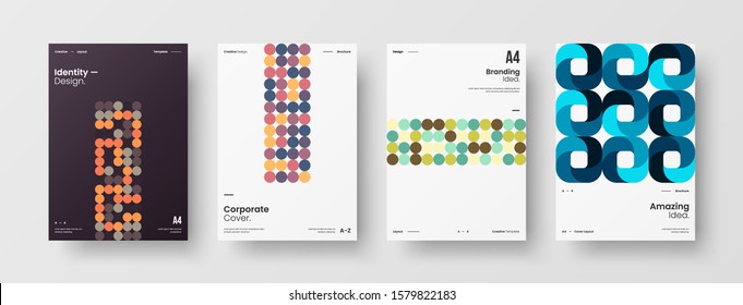 Business presentation vector A4 vertical orientation front page mock up set. Corporate report cover abstract geometric illustration design layout bundle. Company identity brochure template collection.