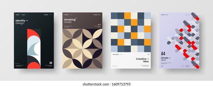 Business presentation vector A4 vertical orientation front page mock up set. Corporate report cover abstract geometric illustration design layout bundle. Company identity brochure template collection.