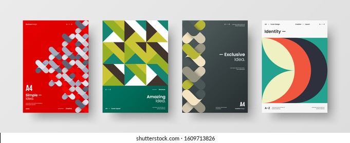 Business presentation vector A4 vertical orientation front page mock up set. Corporate report cover abstract geometric illustration design layout bundle. Company identity brochure template collection.