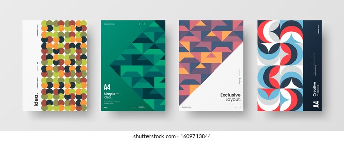 Business presentation vector A4 vertical orientation front page mock up set. Corporate report cover abstract geometric illustration design layout bundle. Company identity brochure template collection.