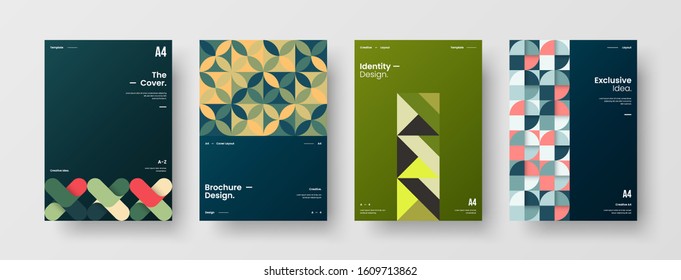 Business presentation vector A4 vertical orientation front page mock up set. Corporate report cover abstract geometric illustration design layout bundle. Company identity brochure template collection.
