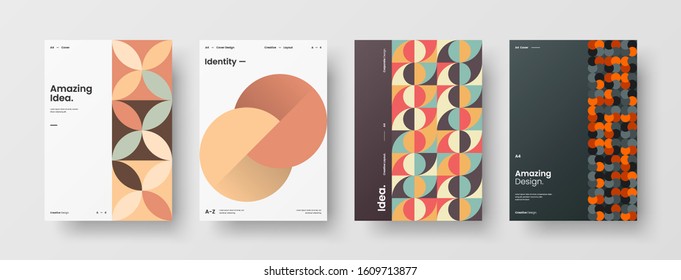 Business presentation vector A4 vertical orientation front page mock up set. Corporate report cover abstract geometric illustration design layout bundle. Company identity brochure template collection.