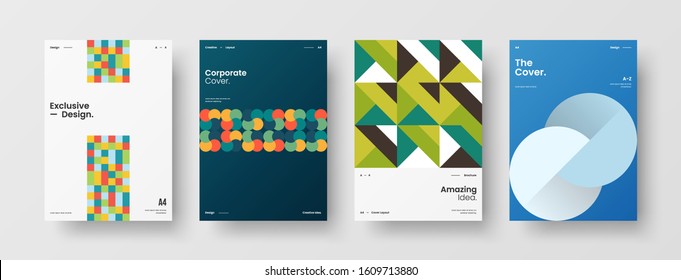 Business presentation vector A4 vertical orientation front page mock up set. Corporate report cover abstract geometric illustration design layout bundle. Company identity brochure template collection.