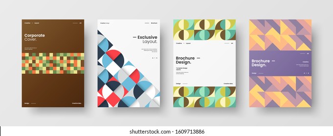 Business presentation vector A4 vertical orientation front page mock up set. Corporate report cover abstract geometric illustration design layout bundle. Company identity brochure template collection.