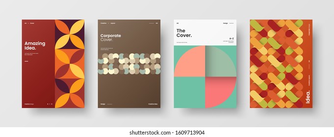 Business presentation vector A4 vertical orientation front page mock up set. Corporate report cover abstract geometric illustration design layout bundle. Company identity brochure template collection.
