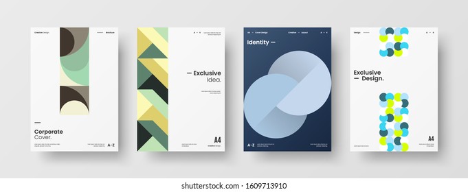 Business presentation vector A4 vertical orientation front page mock up set. Corporate report cover abstract geometric illustration design layout bundle. Company identity brochure template collection.