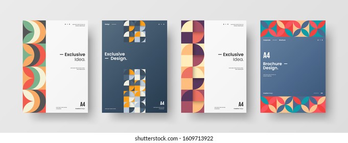 Business presentation vector A4 vertical orientation front page mock up set. Corporate report cover abstract geometric illustration design layout bundle. Company identity brochure template collection.