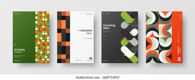 Business presentation vector A4 vertical orientation front page mock up set. Corporate report cover abstract geometric illustration design layout bundle. Company identity brochure template collection.