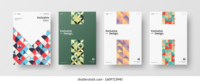 Business presentation vector A4 vertical orientation front page mock up set. Corporate report cover abstract geometric illustration design layout bundle. Company identity brochure template collection.