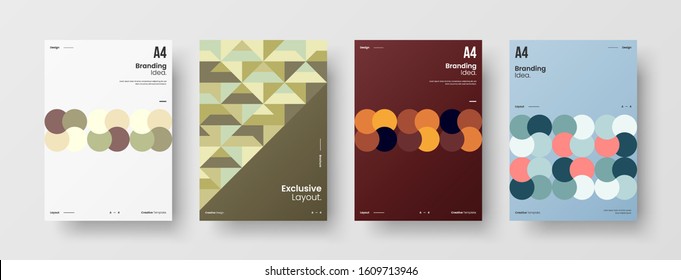 Business presentation vector A4 vertical orientation front page mock up set. Corporate report cover abstract geometric illustration design layout bundle. Company identity brochure template collection.