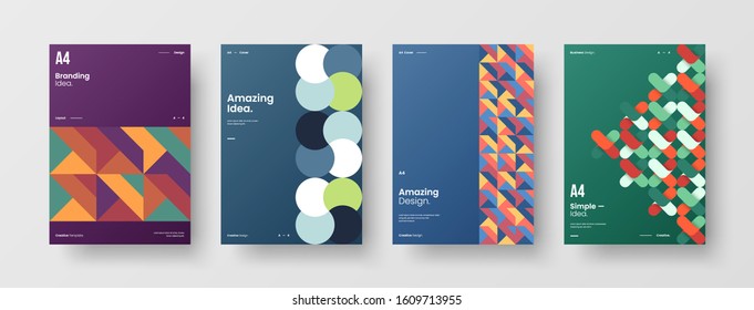 Business presentation vector A4 vertical orientation front page mock up set. Corporate report cover abstract geometric illustration design layout bundle. Company identity brochure template collection.